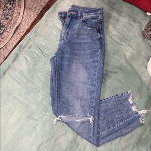 American Eagle Outfitters Blue Jeans Mom Jean with Frayed Knees